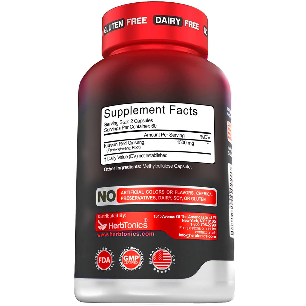 Herbtonics Korean Red Panax Ginseng 1500mg - Energy Supplement for Peak Performance, Focus & Vitality - High Potency Ginseng Root Extract - 120 Vegan Capsules