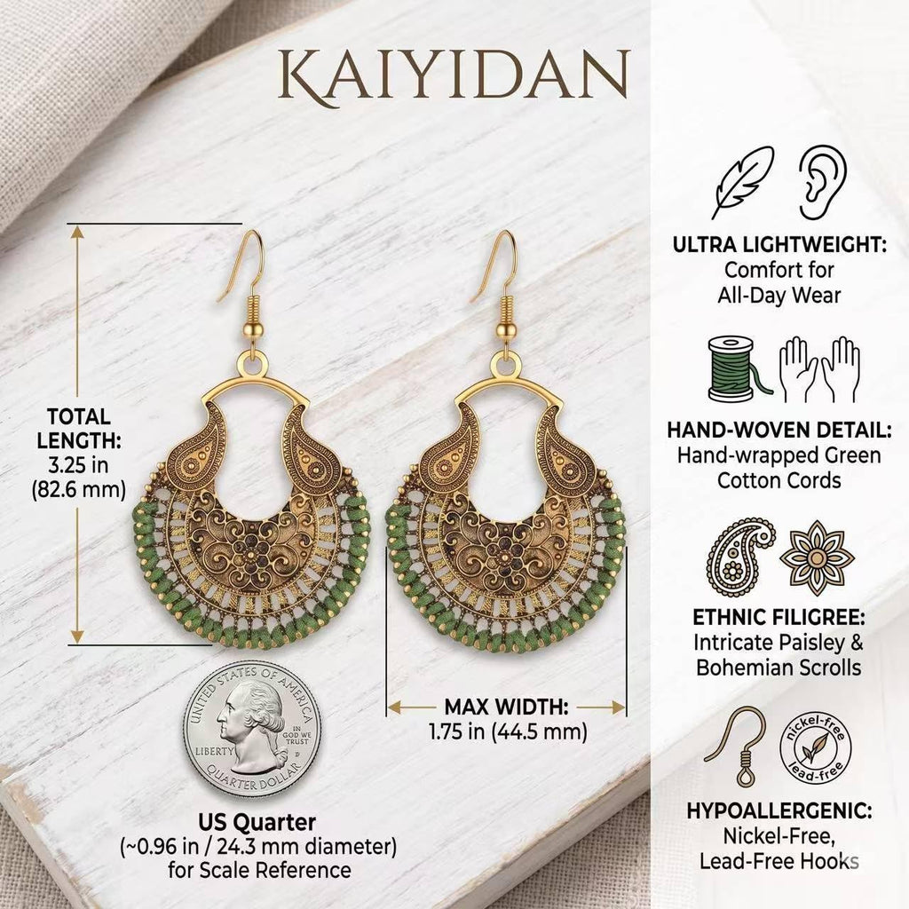 Boho Vintage Rope Handwoven Teardrop Dangle Earrings for Women Dangling,Handmade Bronze Carving Green Braided Handcrafted Drop Summer Ethnic Thread Filigree Statement Earings, Indian Long Earrings,fashion Accessories Dainty Jewelry Gifts.