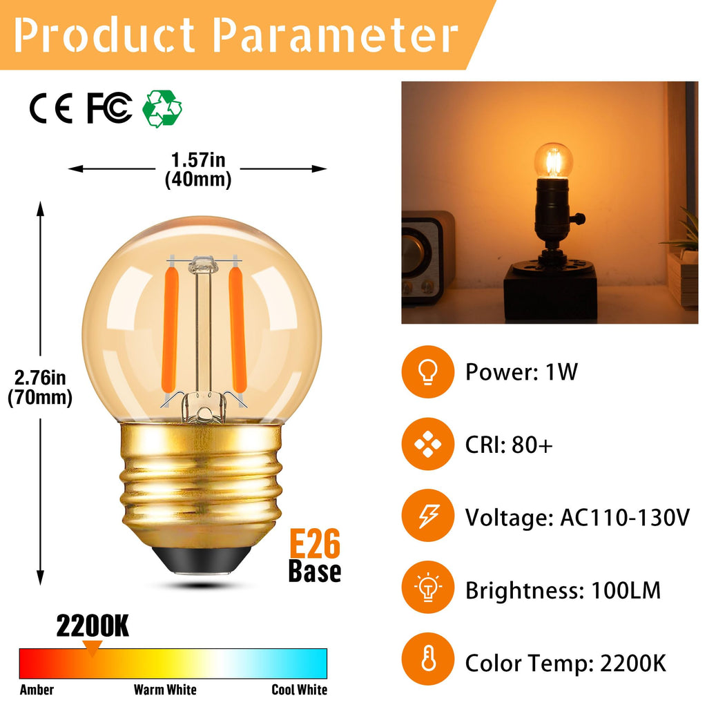 PADMO LUDAZ G40 LED Low Watt Light Bulbs Warm Glow E26 Amber 1W 10 Watt Light Bulb,Low Lumen Light Bulb Small Edison Short Dim Light Bulbs for Lamp,Bedroom (Amber 2200K, 6 Count)