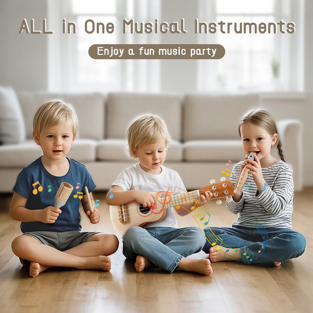 Vanplay Kids Guitar Set, 7-Piece Wooden Musical Instruments for Toddler 2-3
