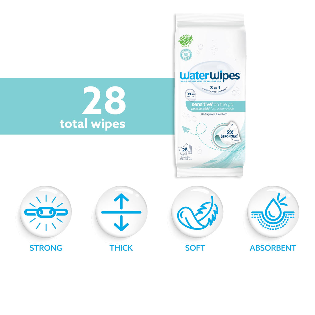 WaterWipes Sensitive+ On The Go Wipes,3-In-1 Cleans,Cares,Protects,99.9% Water,Unscented & Hypoallergenic Wet Wipes,28 Count (Pack of 2)
