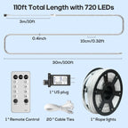 100Ft 720 LED Rope Lights for Outside with Remote & Plug - Cool White