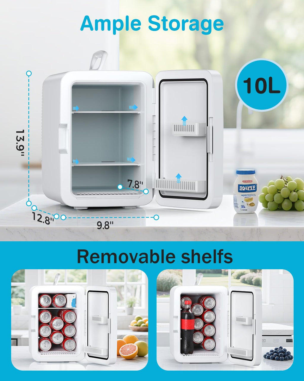 Antarctic Star Compact Mini Fridge, 10L Portable Small Refrigerator, 2.6 Gal Desktop Fridge with AC/DC Adapters, Small Cosmetics Cooler for Beverage, Food, Makeup, Bedroom, Office, Dorm, White