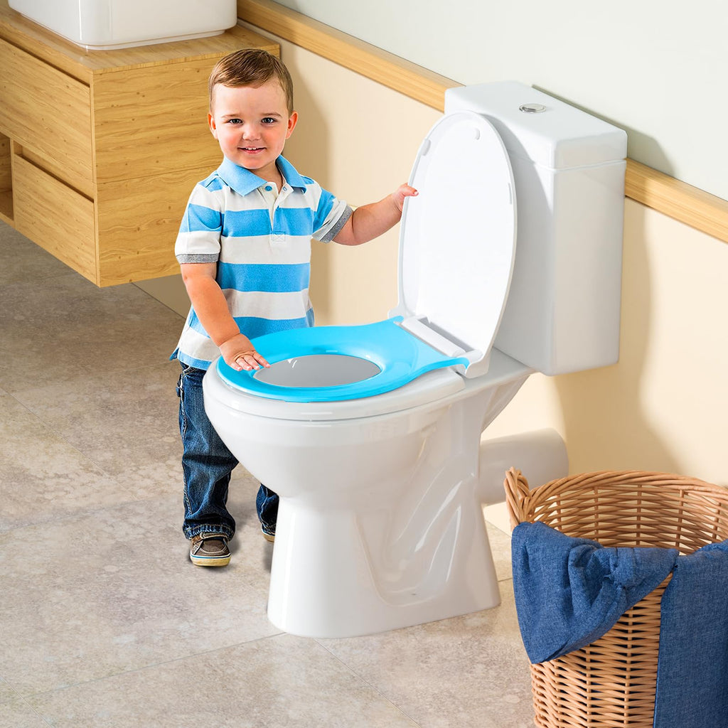 Aünsffer Toddler Toilet Seat with Potty Training Seat Round 16.5inch, 2 in 1 Toilet Seat for Family Built-in Baby Seat Removable, Soft Close + Easy Clean, PP Safe Material, Blue