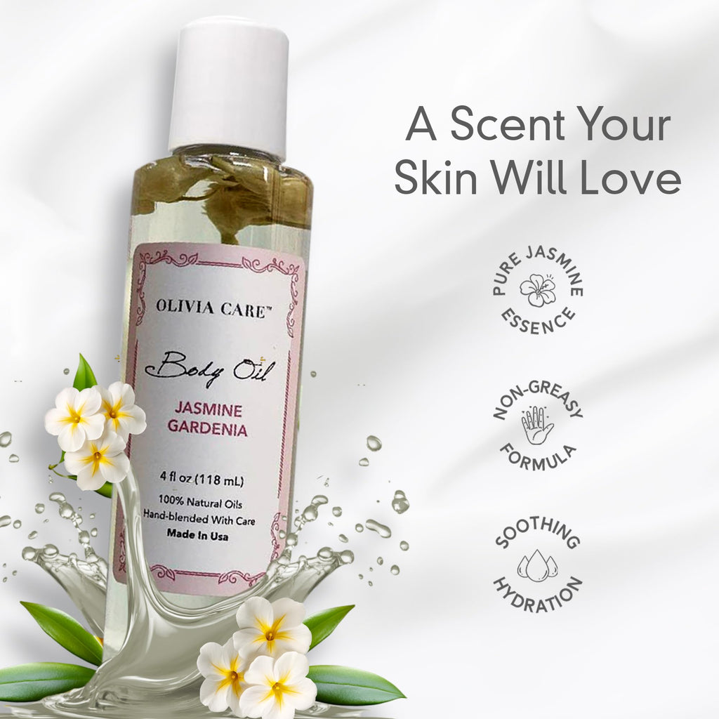 Olivia Care Jasmine Gardenia Body Oil Vegan & Natural Oil For Women | Hydrating & Moisturizing After Bath Oil - with VITAMIN E, K & Omega Fatty Acids Reduce Dry Skin - 4 OZ