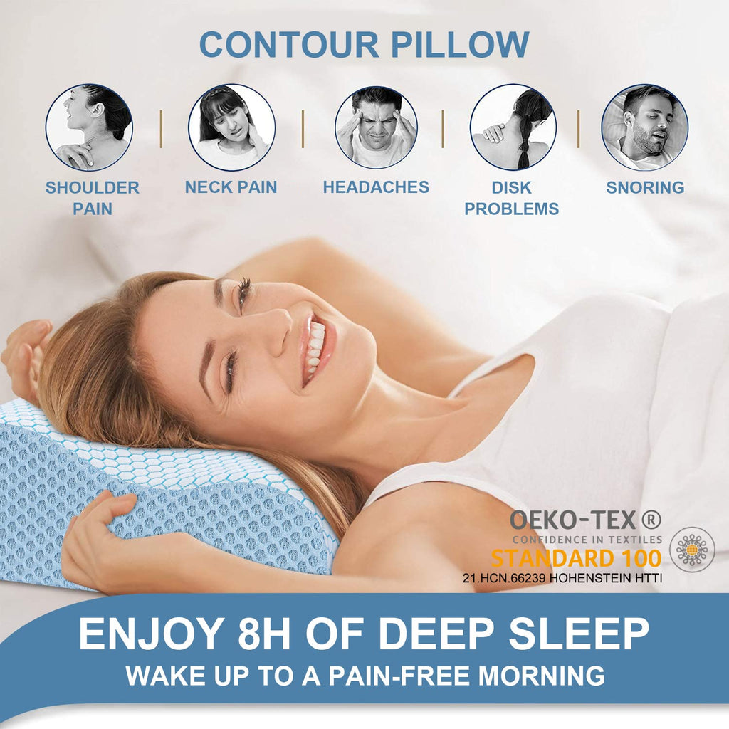 Anvo Memory Foam Pillow, Neck Contour Cervical Orthopedic Bed Pillow for Sleeping Side Back Stomach Sleeper, Ergonomic Design for Neck and Shoulder Pain Relief, Blue White, Firm
