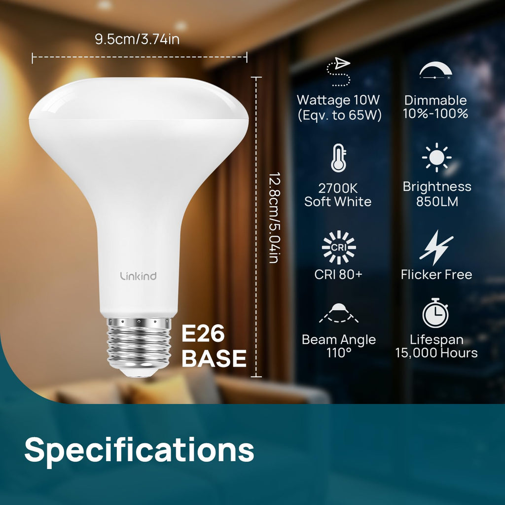 Linkind BR30 LED Flood Light Bulbs Indoor, 65W Equivalent Dimmable LED Recessed Bulbs, 10W 850 Lumens, 2700K Soft White E26, UL FCC Certified, Recessed Can Light Bulb for Bedroom Bathroom, 12 Packs