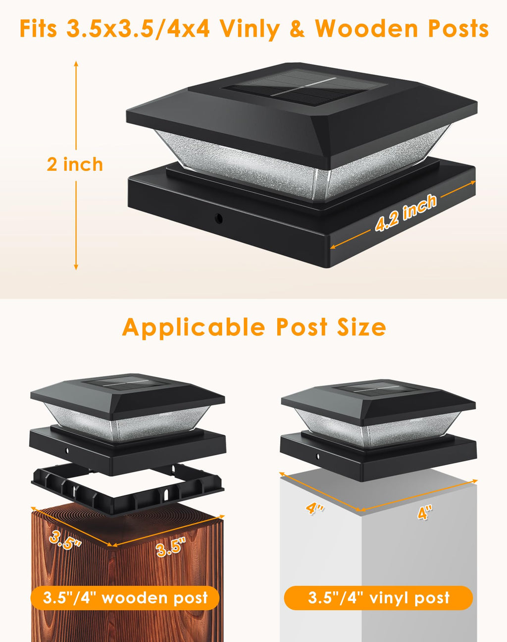 4x4-Solar-Post-Cap-Lights-Outdoor 6 Pack Solar Powered Fence Post Lights 3 Lighting Modes Deck Postcap Light for 3.5x3.5 4x4 Wood/Vinyl Posts LED Waterproof Garden Patio Porch Posts Lighting Black