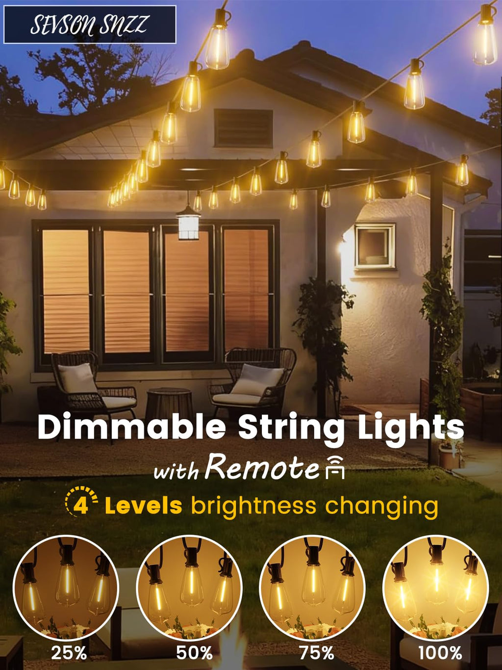 SEVSONSNZZ 100FT Outdoor String Lights with Remote & Dimmer, Waterproof Patio Lights Commercial Grade ST38 LED - Shatterproof Edison Bulbs, Vintage Hanging Lighting for Backyard Garden Party