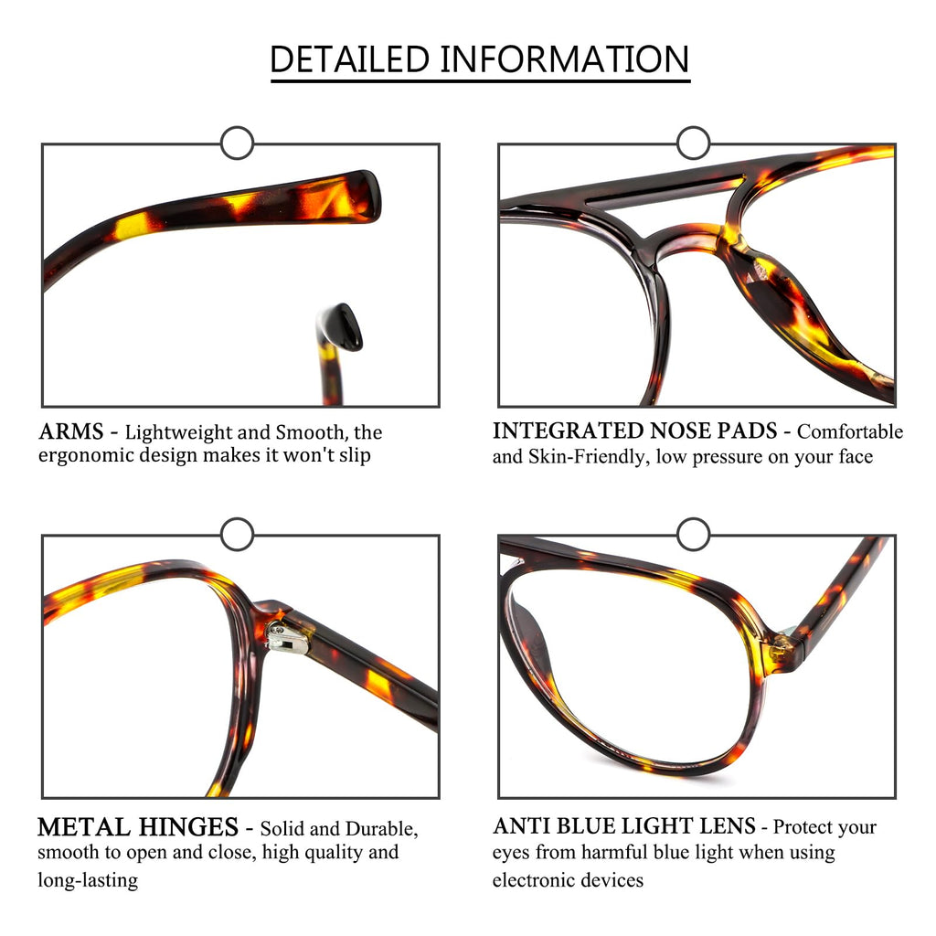 MMOWW 4 Pack Oversized Aviator Reading Glasses for Women Men Retro Double Bridge Pilot Style Blue Light Blocking Computer Readers, Black/Tortoise/Grey Tortoise/Transparent +1.5