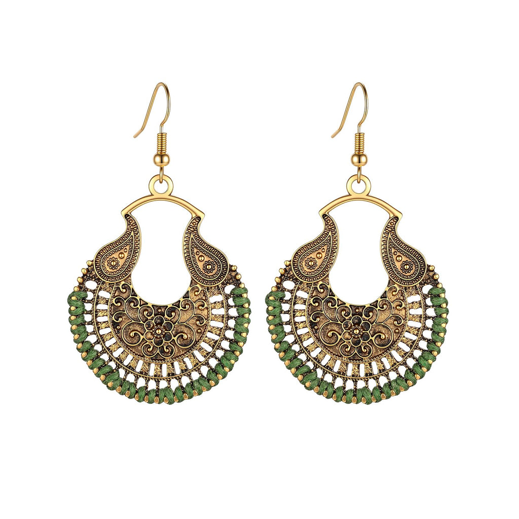 Boho Vintage Rope Handwoven Teardrop Dangle Earrings for Women Dangling,Handmade Bronze Carving Green Braided Handcrafted Drop Summer Ethnic Thread Filigree Statement Earings, Indian Long Earrings,fashion Accessories Dainty Jewelry Gifts.