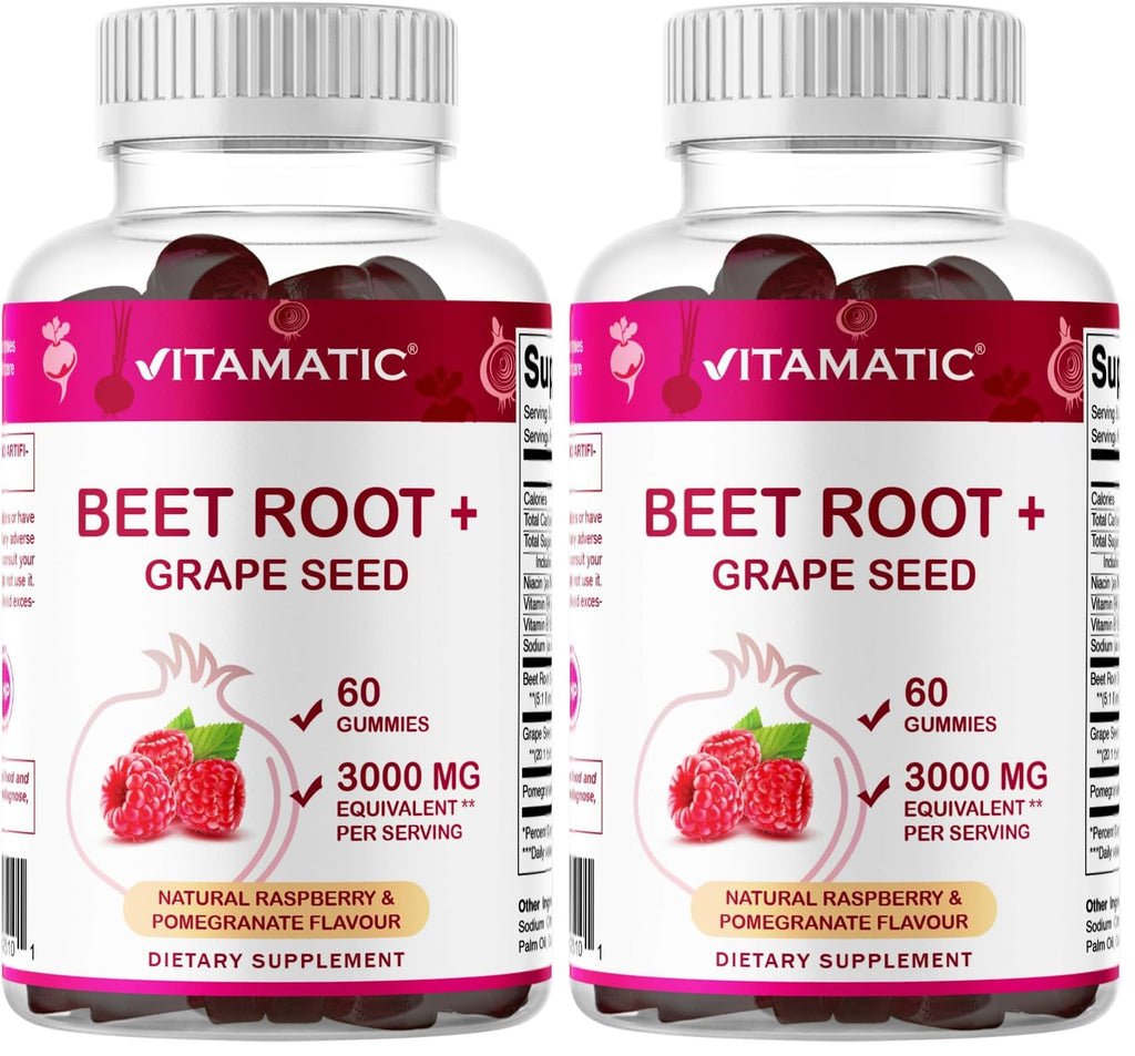 Vitamatic Beet Root Gummies - 3000mg Equivalent Per Serving - 60 Gummies - Made with Vitamin B6, B12, Grape Seed, Pomegranate & Nicotinamide (Pack of 2)