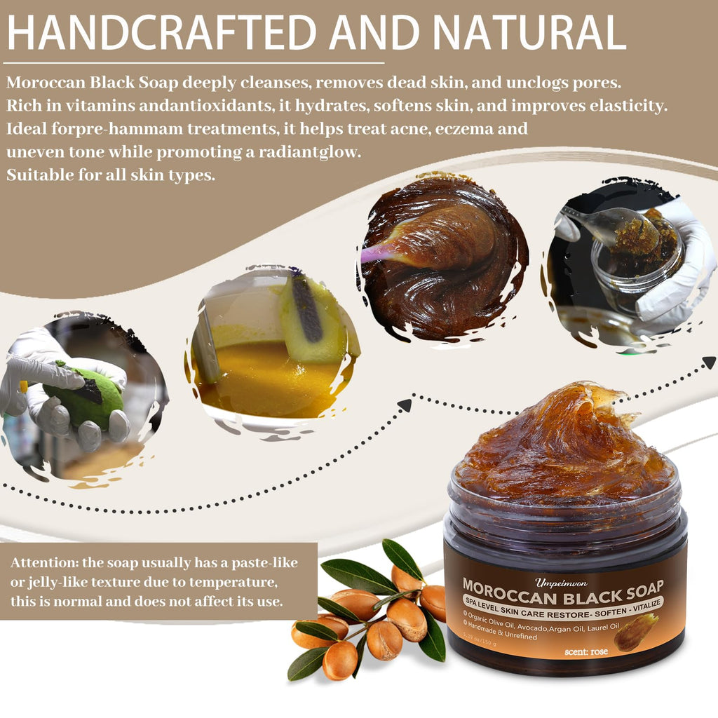 2 PCS Moroccan Black Soap with Argan and Rose Oil, SPA Level Handmade Black Beldi Soap Exfoliating and Softening, Natural and Organic for Face, Body, Hair and Shave, Rose Scent, 5.29 oz/150 g