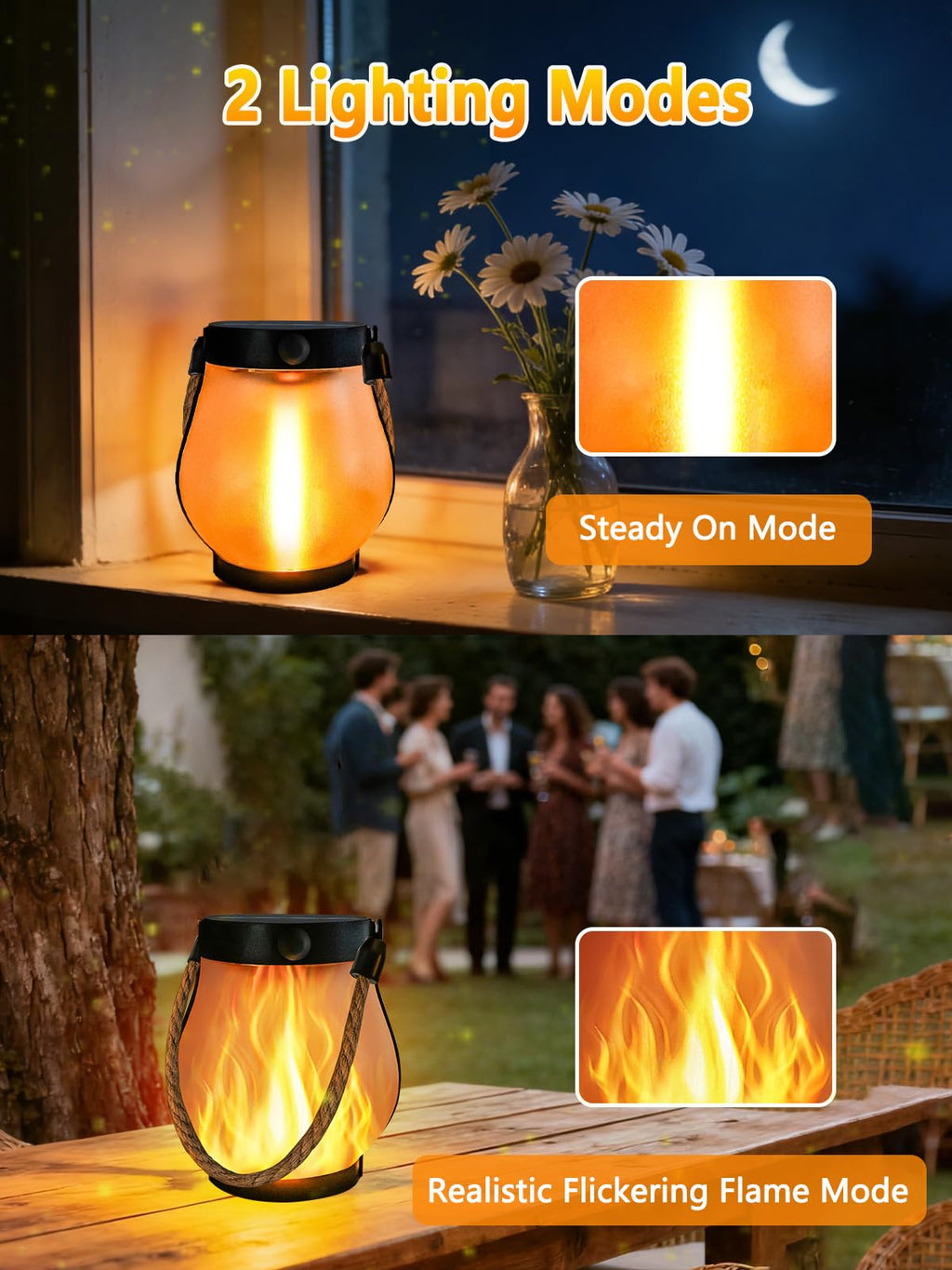 1 Pack Solar Lights Outdoor Waterproof, Solar Lantern with Dancing Flame, 2 Lighting Modes, Dual Charging USB & Solar Powered, with Hanging Rope Handle for Patio Yard Garden Tree Tabletop Decor