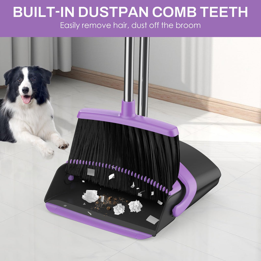 EZKEY Broom and Dustpan Set for Home, 51-in Long Adjustable Handle Angle Broom and Dustpan Combo Set with Dust Pan Teeth to Clean Hair for Home Kitchen Office Lobby Floor Garden (Black&Purple)