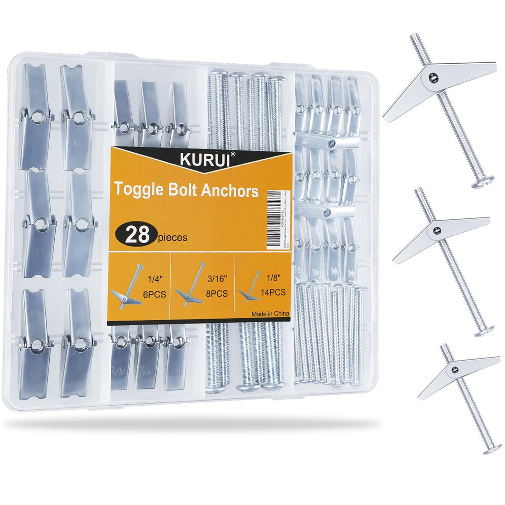 KURUI Heavy Duty Hollow Drywall Anchors for Sheetrock Ceiling, Toggle Bolts and Wing Nut Kit, 28Pcs Metal Dry Wall Anchors and Screws Assortment Set, Butterfly Anchor for Hanging 1/8, 3/16, 1/4