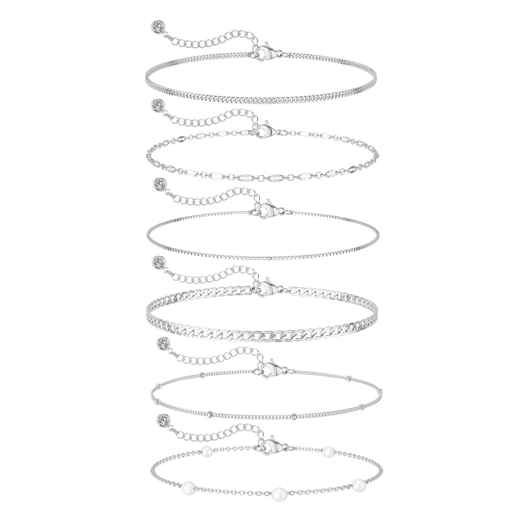 MBW Silver Bracelets for Women Trendy, Dainty 14K Silver Plated Cuban Link Chain Pearl Bracelet Silver Stackable Bracelet Stack Waterproof Tiny Cute Bracelet Set Layering Bracelet Minimalist Jewelry