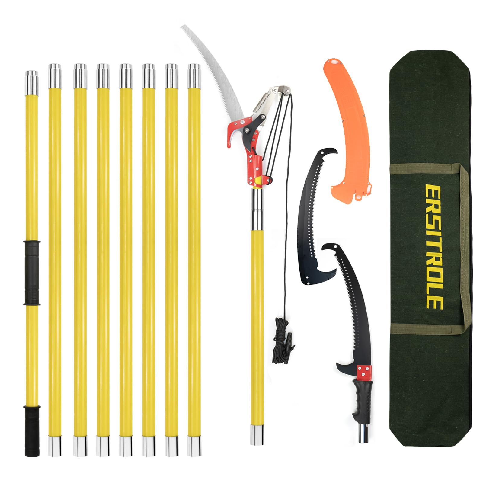 Ersitrole Manual Pole Saw, 30 ft Extendable Tree Pruner, Sharp Steel Blade and Scissors High Branches Trimming, Pole Saws for Tree Trimming, Tree Trimmers Long Handle Pruner