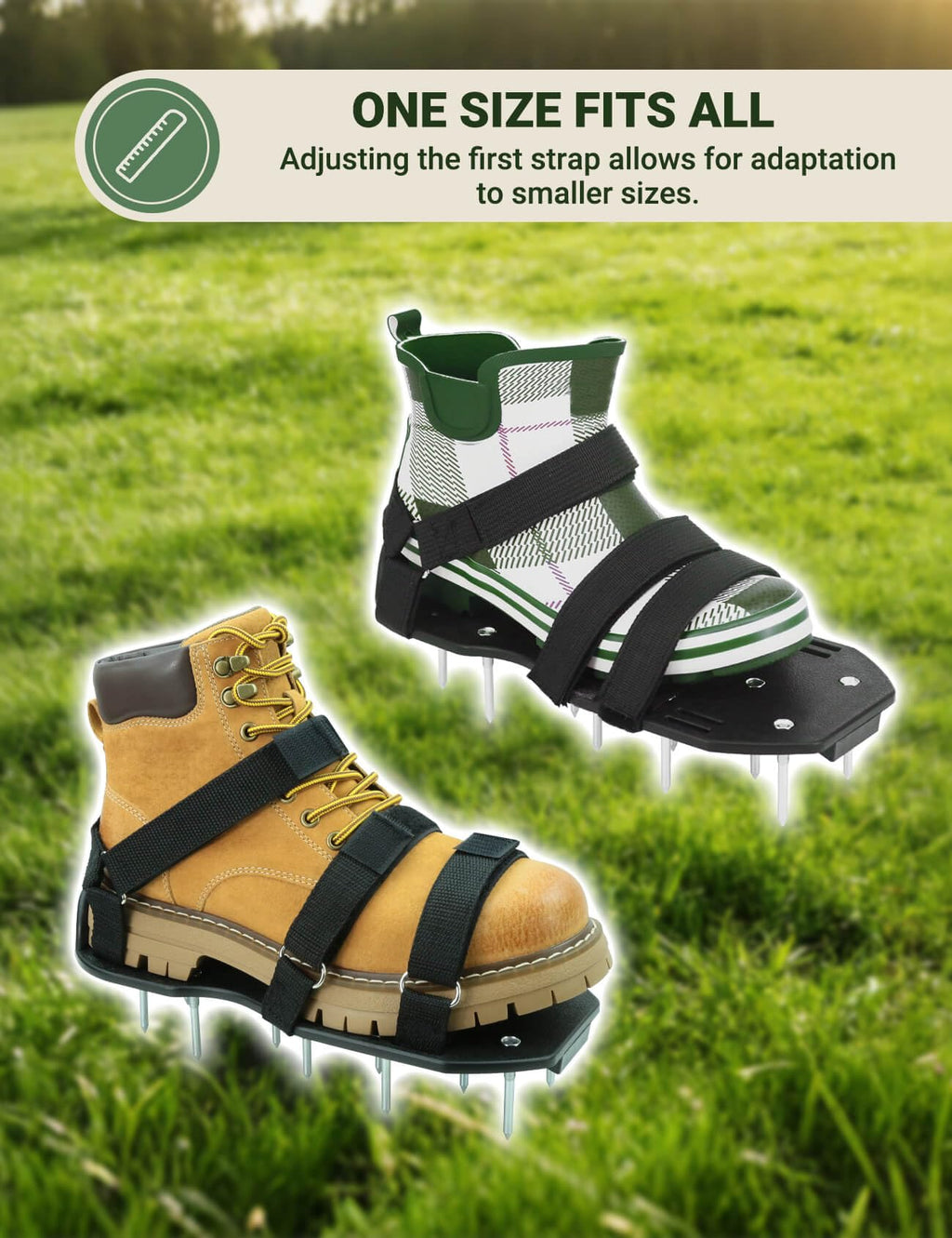 Lawn Aerator Shoes for Grass, Pre-Assembled Heavy Duty Aerator Lawn Tool with Hook and Loop Straps, One Size Fits All Spiked Shoes for Effectively Aerating Yard Garden Lawn Patio Soil, No Installation