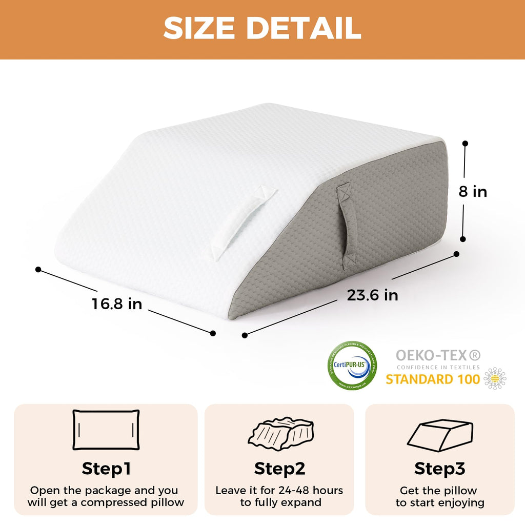BIEEZZK Leg Pillow Elevation Blood Circulation, Leg Elevating Pillows for After Surgery, Sleeping, Memory Foam Wedge Pillow for Legs Swelling, Foot Knee Pillow for Back Pain, 23.6×16.8×8in, White/Grey
