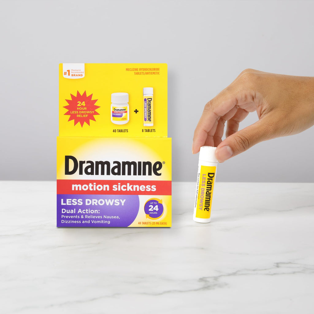 Dramamine Motion Sickness Less Drowsy, for Nausea Relief During Travel, 48 Count