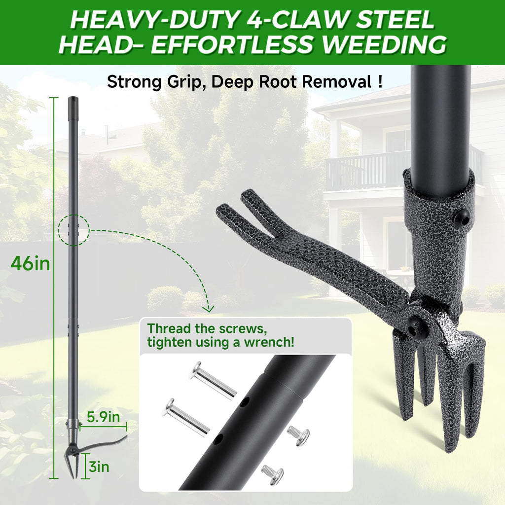 RexWeed Stand Up Weed Puller Tool, 46" Adjustable All-Metal Long Handle Weeder with 4-Claw Steel Head, Remove Weeds by Roots Without Bending or Kneeling, Heavy Duty Garden Tool Back & Knee Friendly