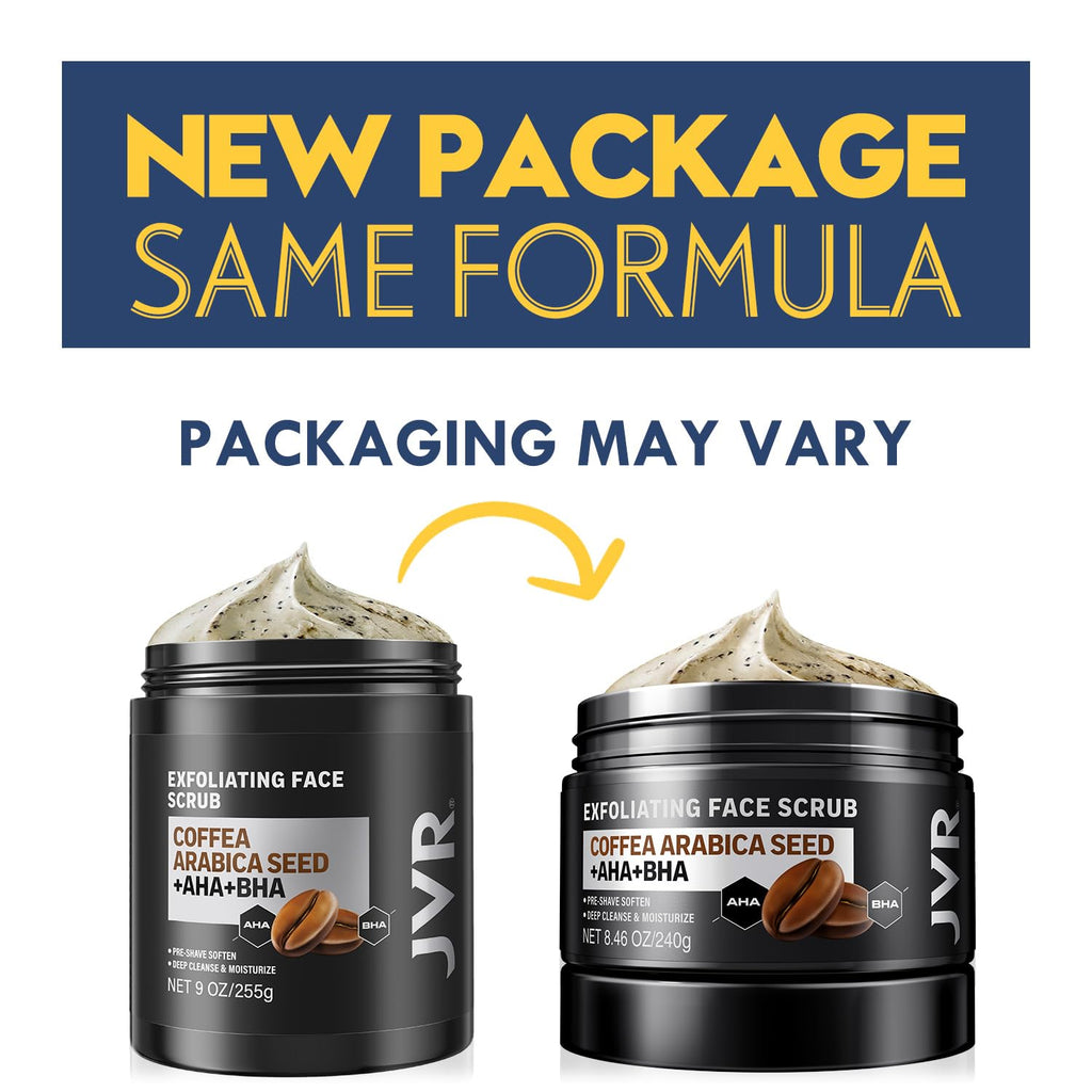 JVR Face Scrub for Men, Facial Scrub for Deep Exfoliating, Cleansing Blackheads, Ingrown Hair, Pre-shave Soften, Organic Formulated with Coffee Extract, AHA and BHA Face Exfoliator (8.46 oz)