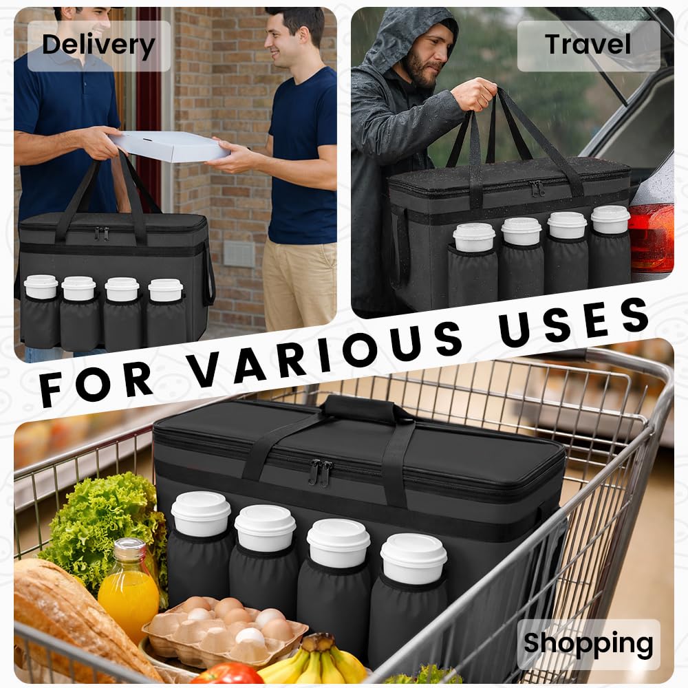 CIVJET Insulated Food Delivery Bag with 4 Cup Holders, XX-Large Insulated Grocery Bags Keep Food Hot/Cold, Cooler Bags with Drink Carrier, Food Carrier Catering Bag, Commercial Food Warmers, Black