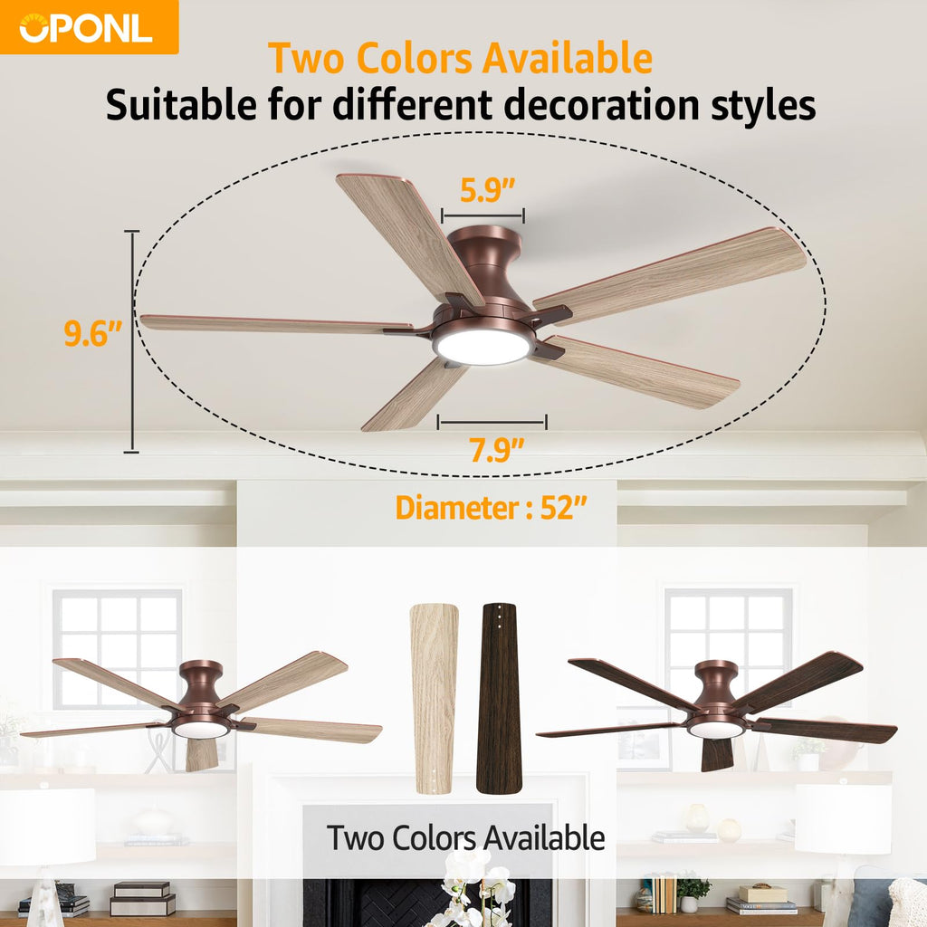 OPONL 52 Inch Ceiling Fans with Light, Brown Ceiling Fan with Light and Remote Control, 6CCT, Dimmable LED, Noiseless DC Reversible Motor, Flush Mount, Low Profile Ceiling Fan for Indoor/Outdoor Use