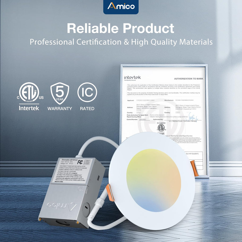 Amico 6 Pack 4 Inch 5CCT Ultra-Thin LED Recessed Ceiling Light with Junction Box, 2700K/3000K/3500K/4000K/5000K Selectable, 11W Eqv 70W 800LM Brightness Dimmable Canless Wafer Downlight, ETL & FCC