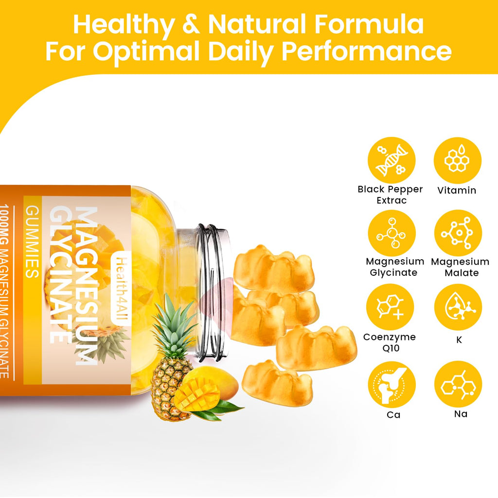 Magnesium Glycinate Gummies 1000mg, High Absorption Sugar Free Magnesium Potassium Supplement for Relaxation, Stress Relief, and Sleep Support for Adults & Kids - 90 Mango Pineapple Gummies