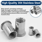 Vifmy Metric & SAE Rivet Nut Assortment Kit(300 Pcs), M3 M4 M5 M6 M8 M10 M12#8-32#10-24 1/4"-20 5/16"-18 3/8"-16 304 Stainless Steel Rivnut Set UNC Flat Head Nutsert