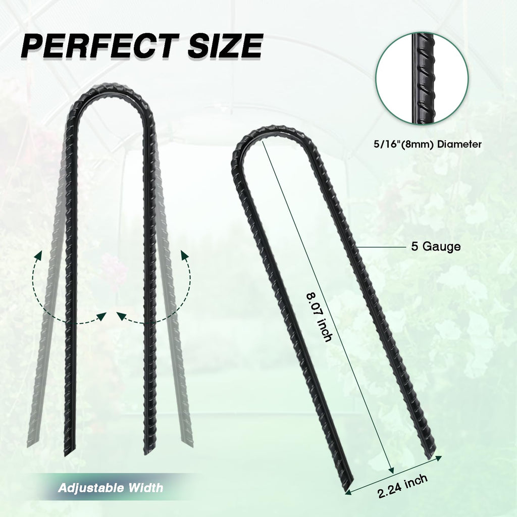 8 Inch Rebar Stakes Heavy Duty, 10 Pack Garden Stake U-Hook, Electrostatic Rust Proof Metal Stakes for Tent, Landscape,Outdoor Decorations, Fabric Ground Cover, Tube Fixing