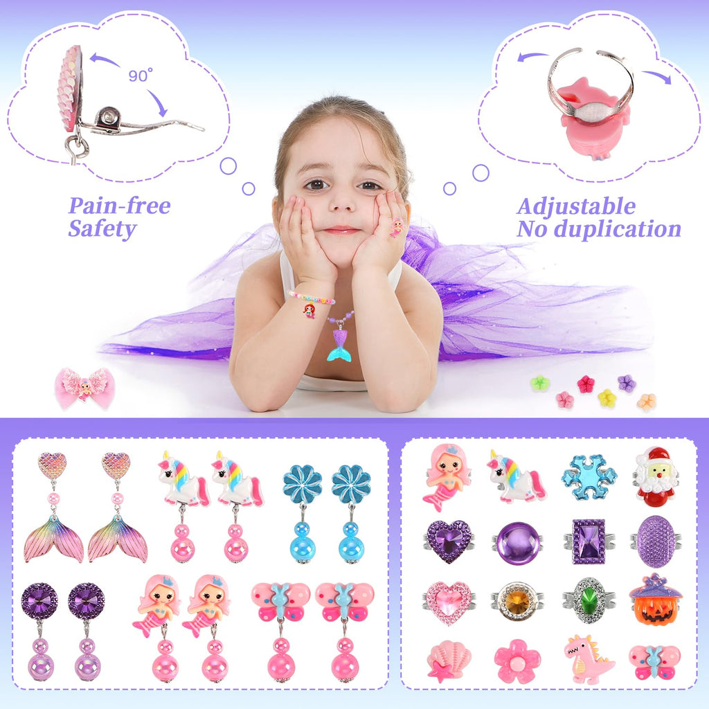 Toddler Girl Toys for Ages 5-7 Littler Girls Jewelry Set,51Pcs Kids Toy for Girls Age 8-10 Clip on Earrings,Princess Toys Adjustable Ring,Girl Toy Age 3 4 5 6-8 Year Old Christmas Birthday Gifts
