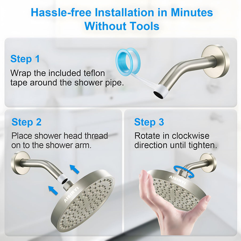 AISINYI High Pressure Rainfall Shower Head, 6 Inches Luxury Showerhead with Perfect Adjustable Replacement, Removable Restrictor, Easy Installation for Your Bathroom Shower Heads (Brushed Nickel)