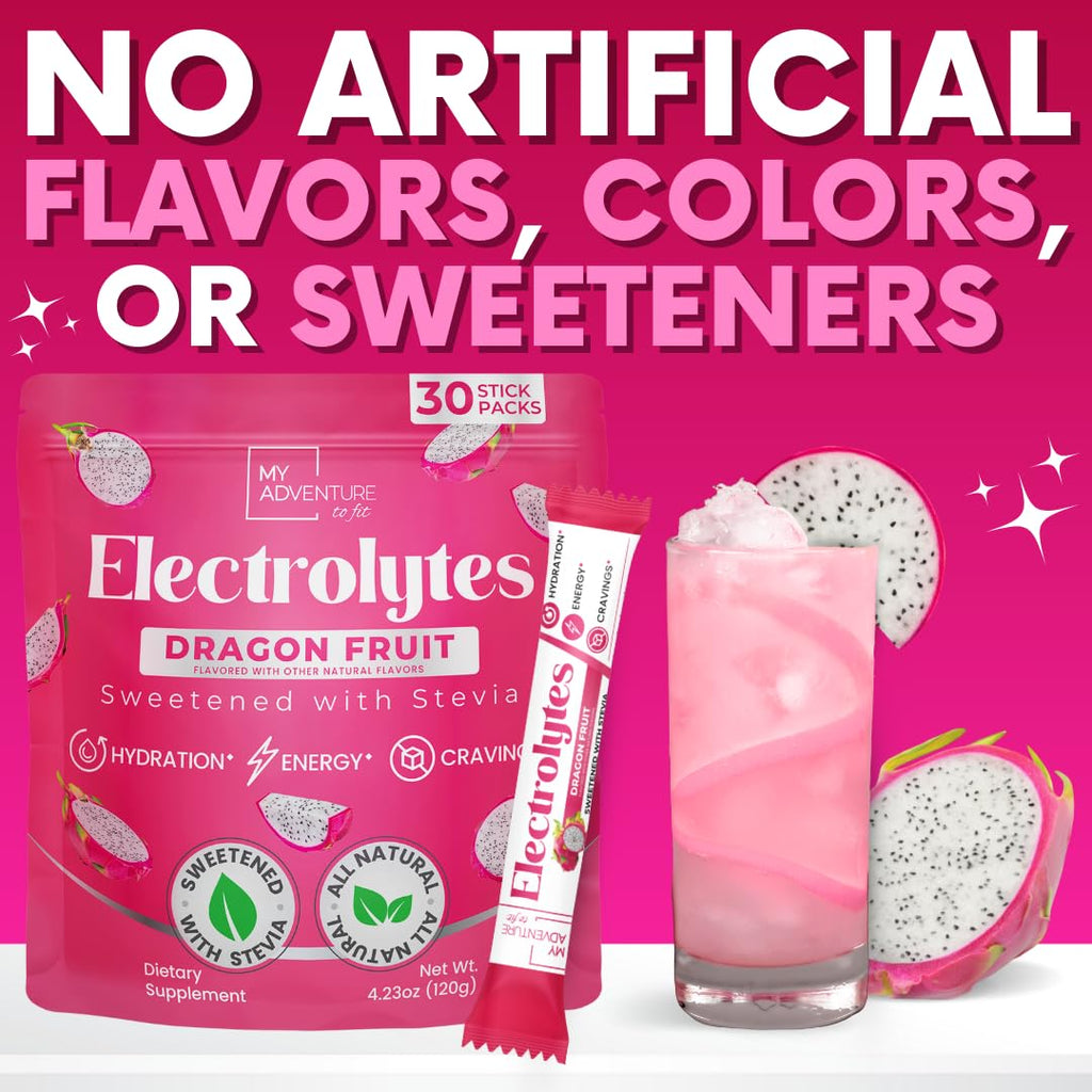 Zero Sugar Dragon Fruit Electrolytes Sticks - Refreshing Hydration - Caffeine Free Energy with Natural Ingredients - Vegan, Keto & Paleo - Sugar Free Electrolytes Powder Drink Mix - 30 Sticks