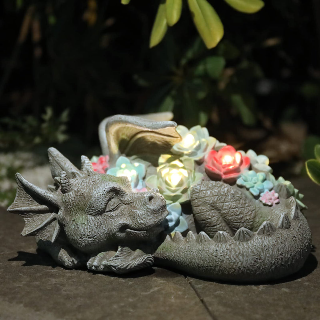 Solar Dragon Garden Statue, Sleeping Dragon with Solar Light Succulent