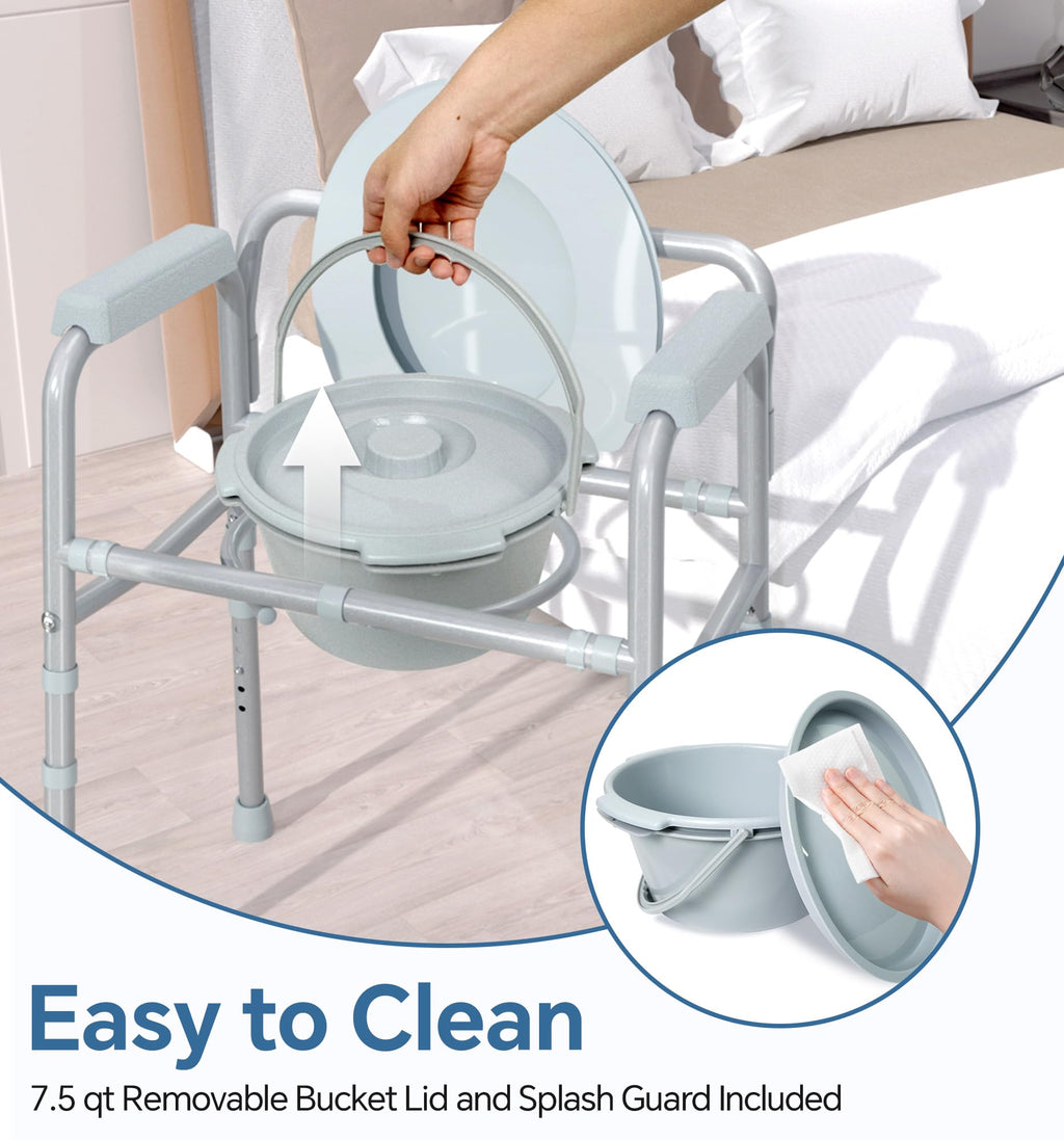 HOMLAND 3-in-1 Bedside Commode Chair with Sturdy Dual-Crossbar Support Construction, Stable Portable Commode Toilet with 7.5Qt Potty Bucket, 350 Lbs Bedside Commodes for Seniors, Silver