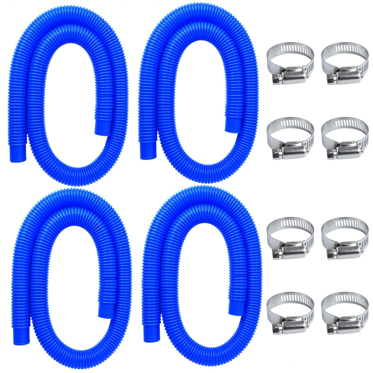 Gonioa Pool Pump Replacement Hose for Above Ground Pools, 1.25 x 59 Inch Filter Hose, Compatible with Intex Filter Pump 607, 637, 330GPH, 530GPH, 1,000GPH, Includes 8 Metal Clamps, Blue (4 Pack)