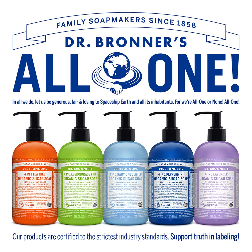 Dr. Bronner's - Organic Sugar Soap (Peppermint, 12 oz) - Made with Organic Oils, Sugar & Shikakai Powder, 4-in-1 Uses: Hands, Body, Face & Hair, Cleanses, Moisturizes & Nourishes, Vegan, Non-GMO