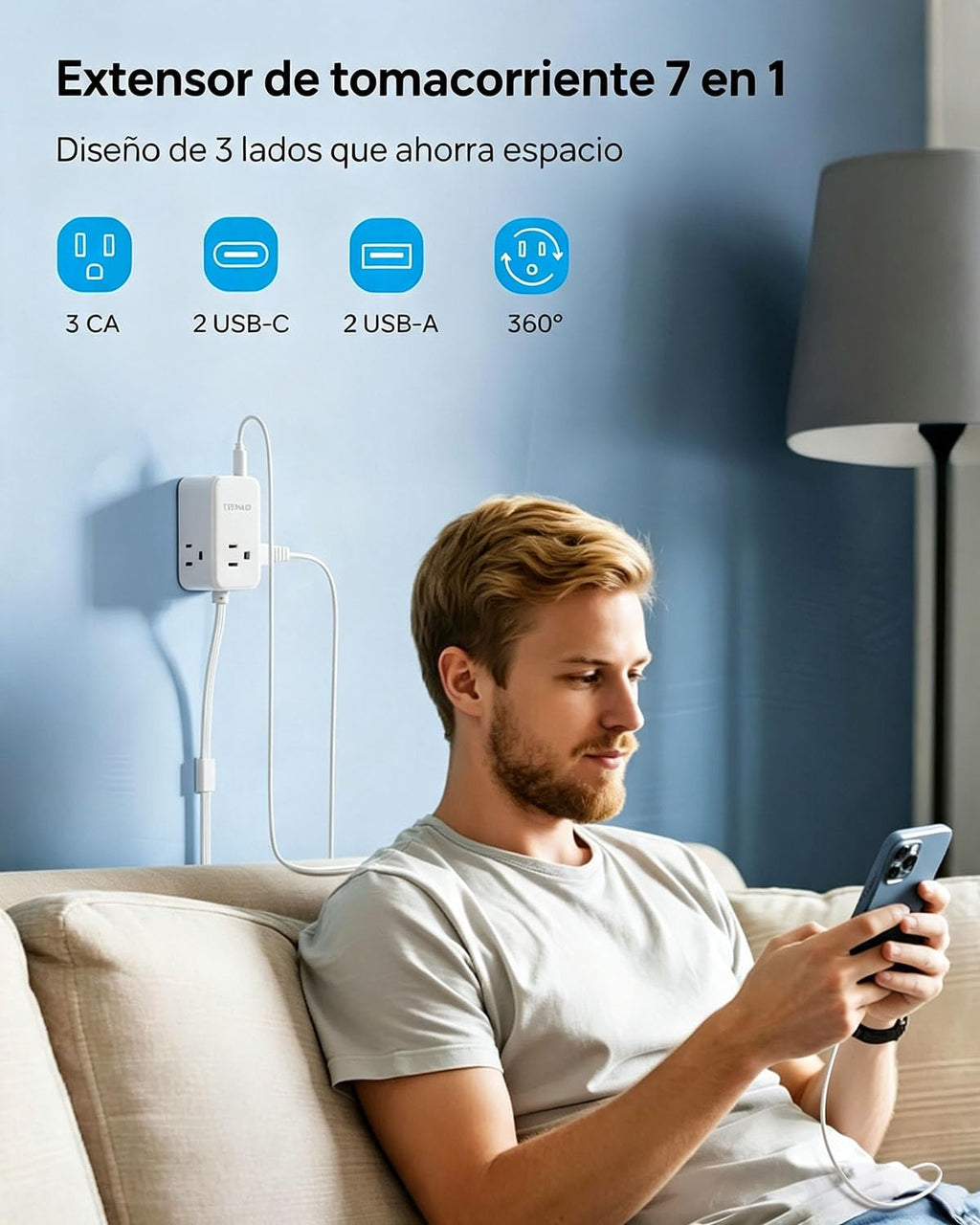 TROND Electrical Outlet Extender 360° Rotating Plug with 20W USB C, 36in Short Extension Cord, Wall Plug Adapter with 3 AC Outlets, Access Hard-to-Reach Outlets Use Behind Couches, Desk, White