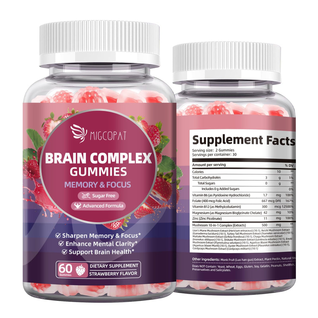 Migcopat Brain Supplements for Memory and Focus Gummies | Nootropic w/Bacopa Monnieri, Lion’s Mane, Ginkgo & 10-in-1 Mushroom Complex | Mental Clarity & Cognitive Support | Strawberry Flavor - 60 Cts