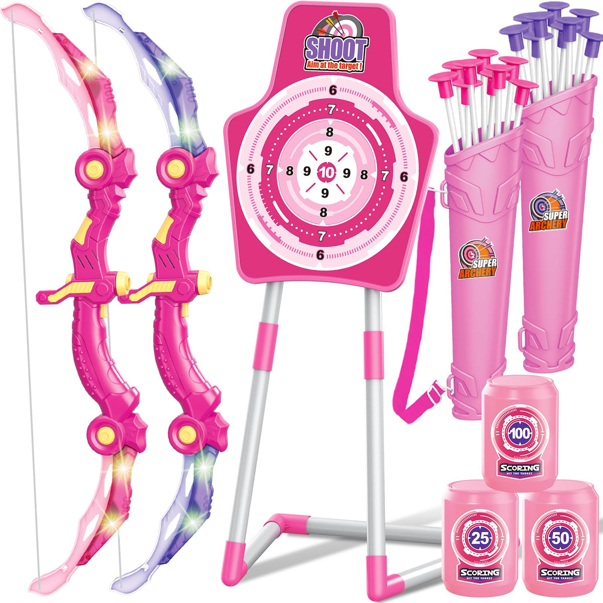 Bow and Arrow Toys for Kids, 2 Pack LED Light Up Archery Set Outdoor Indoor