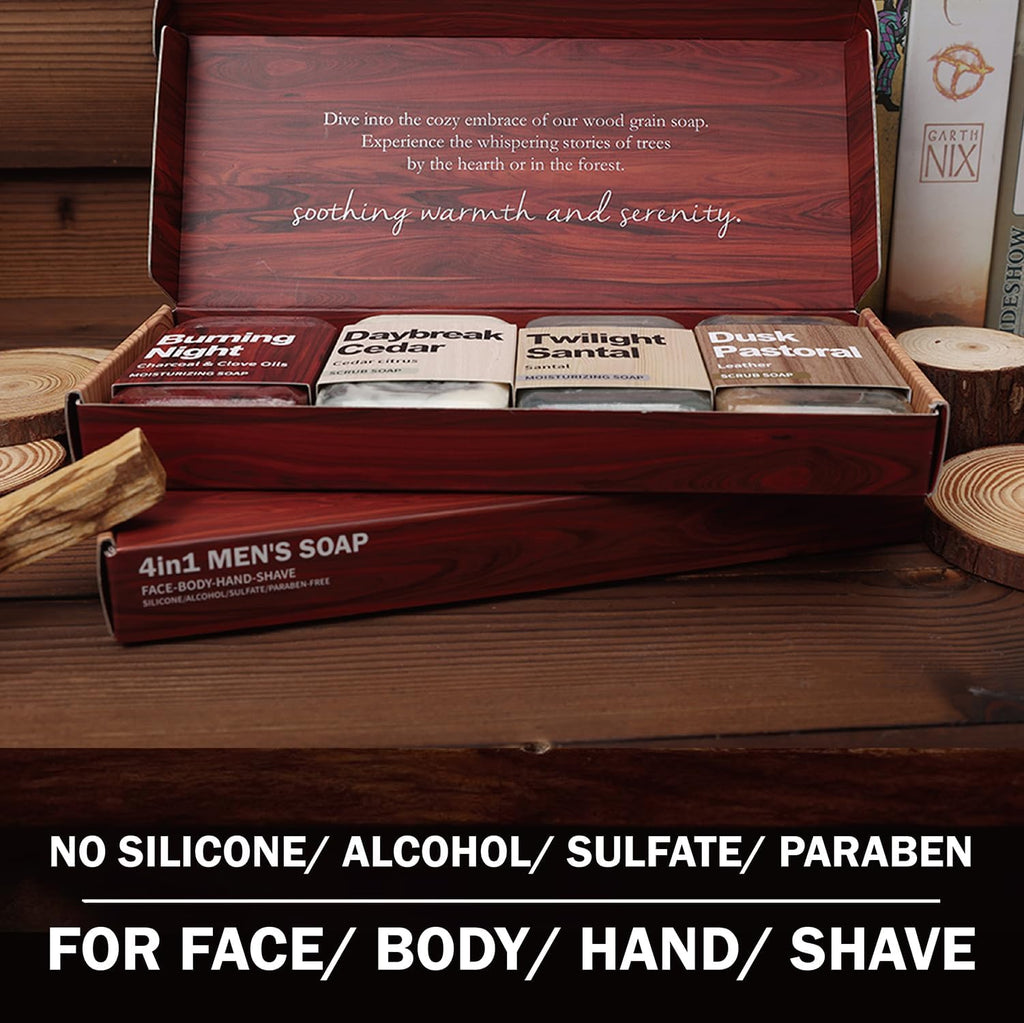 Rinse & Robust Bar Soap for Men - 4Pcs Exfoliating & Moisturizing 4-in-1 Cleansing Bar Set for Face, Body, Hands & Shave | All Skin Types | Luxury Fathers Day Gift Set(4 x 5.3 oz)