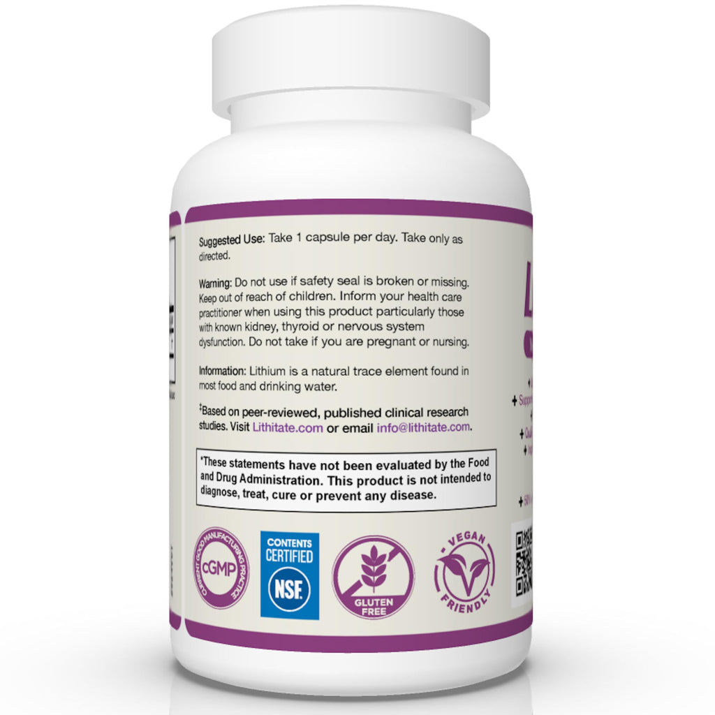 lithitate Lithium Aspartate 10mg | Supports Cognitive Function & Brain Health with Aging | NSF Certified | Promotes Mental Clarity, Healthy Mood & Longevity | Natural Supplement | 100 Capsules