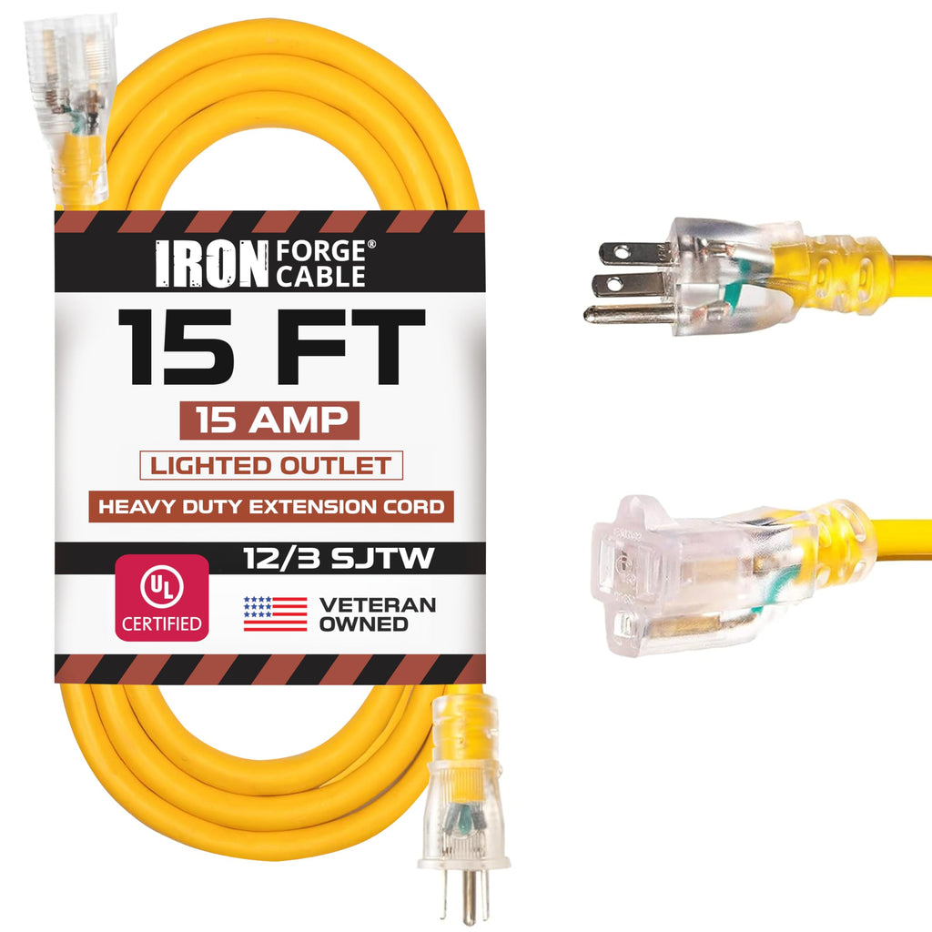 IRON FORGE CABLE 15 Foot Lighted Outdoor Extension Cord - 12/3 SJTW Heavy Duty Yellow Extension Cable with 3 Prong Grounded Plug for Safety, 15 AMP - Great for Garden and Major Appliances