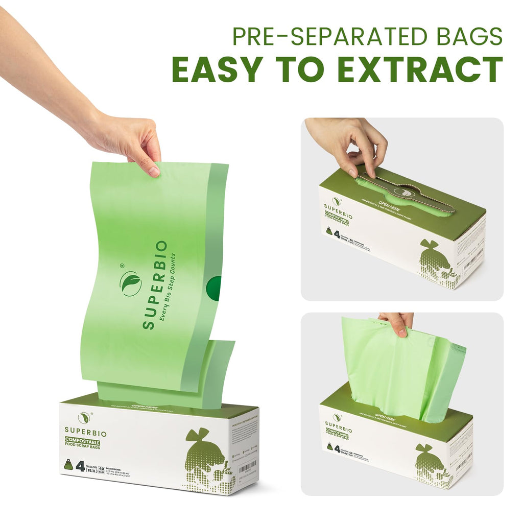 SUPERBIO 4 Gallon Compostable Drawstring Food Scrap Bags,15.1 Liter, 40 Count, 0.9 Mil,Heavy Duty Waste Bags, BPI, Seedling and OK compost INDUSTRIAL