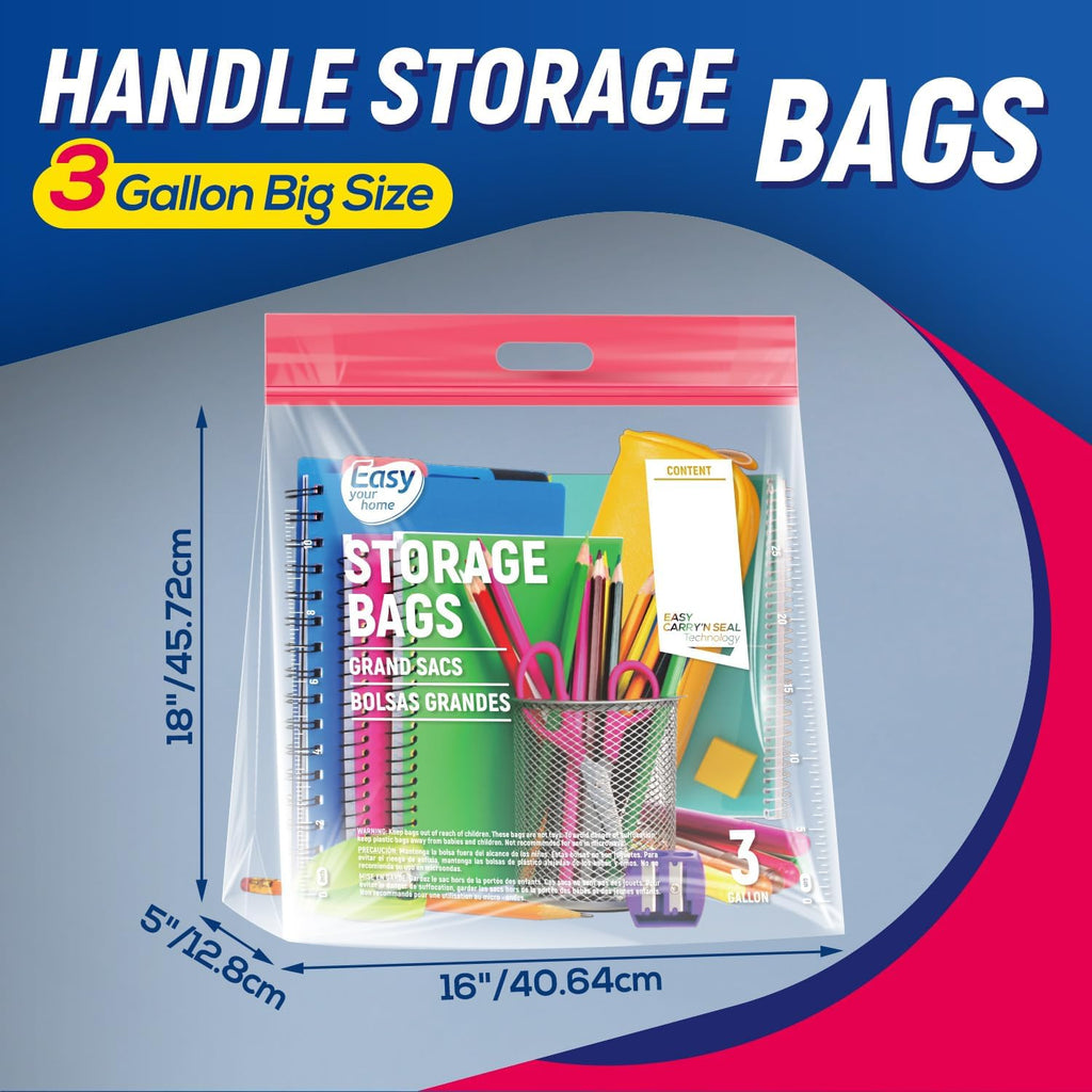 EASYYOURHOME 10 Extra Large Zipper Lock Storage Bags with Handle and bottom,3 Gallon Size,16"x18"x5'',Reusable Plastic Bag with Double Zip Top for Clothing,Travel,Moving,Beach,BPA-Free,3-Mil Thick
