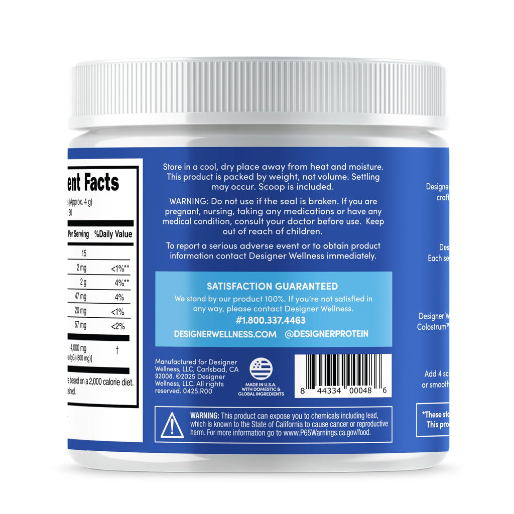 Designer Wellness, Pure Bovine Colostrum Superfood Powder, Gut Health & Bloating, Immune Support, Skin & Hair, Gluten & Fat-Free, Unflavored, 30 Servings