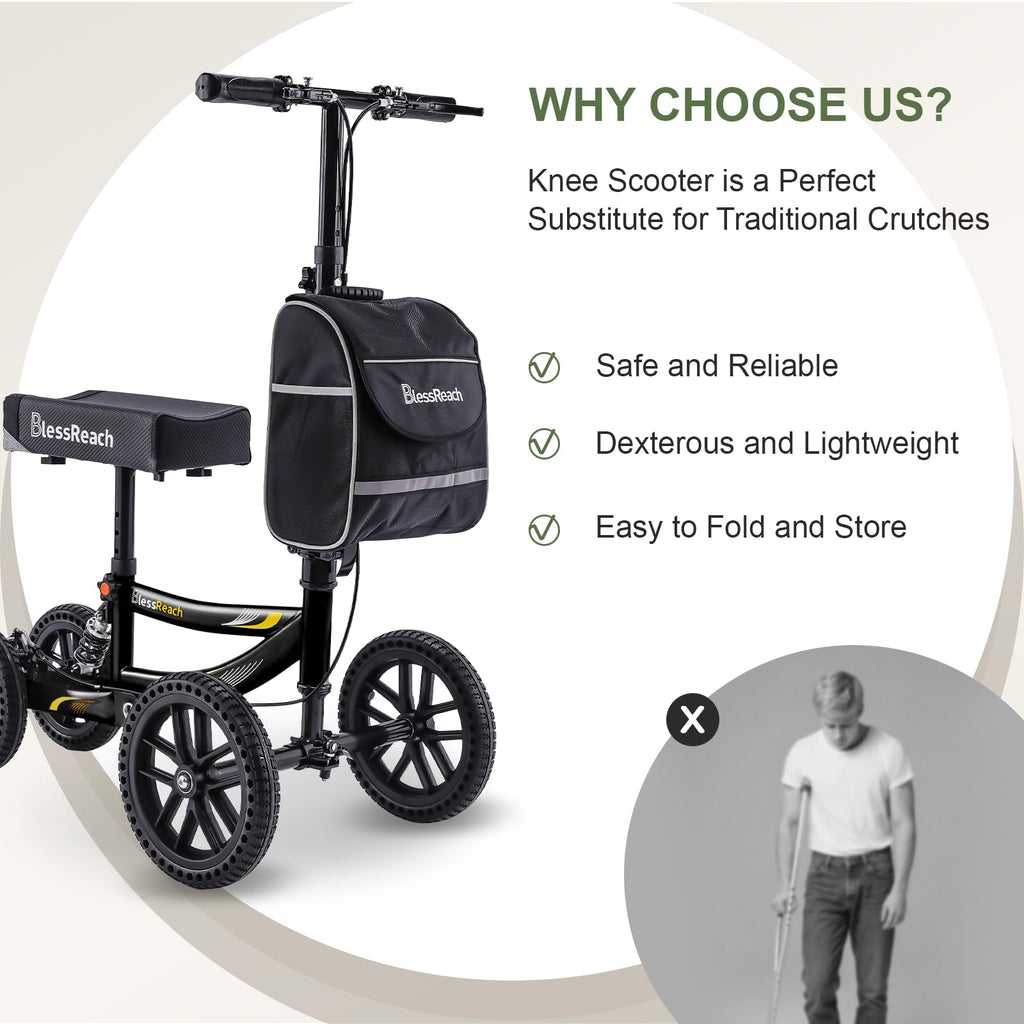 Knee Scooter, 300lbs Capacity, 13" Big PU Seat, Disc Brake Knee Walker, All Terrain Foldable Knee Scooter Walker with Bag for Foot Injuries Compact Crutches Alternative (Black)
